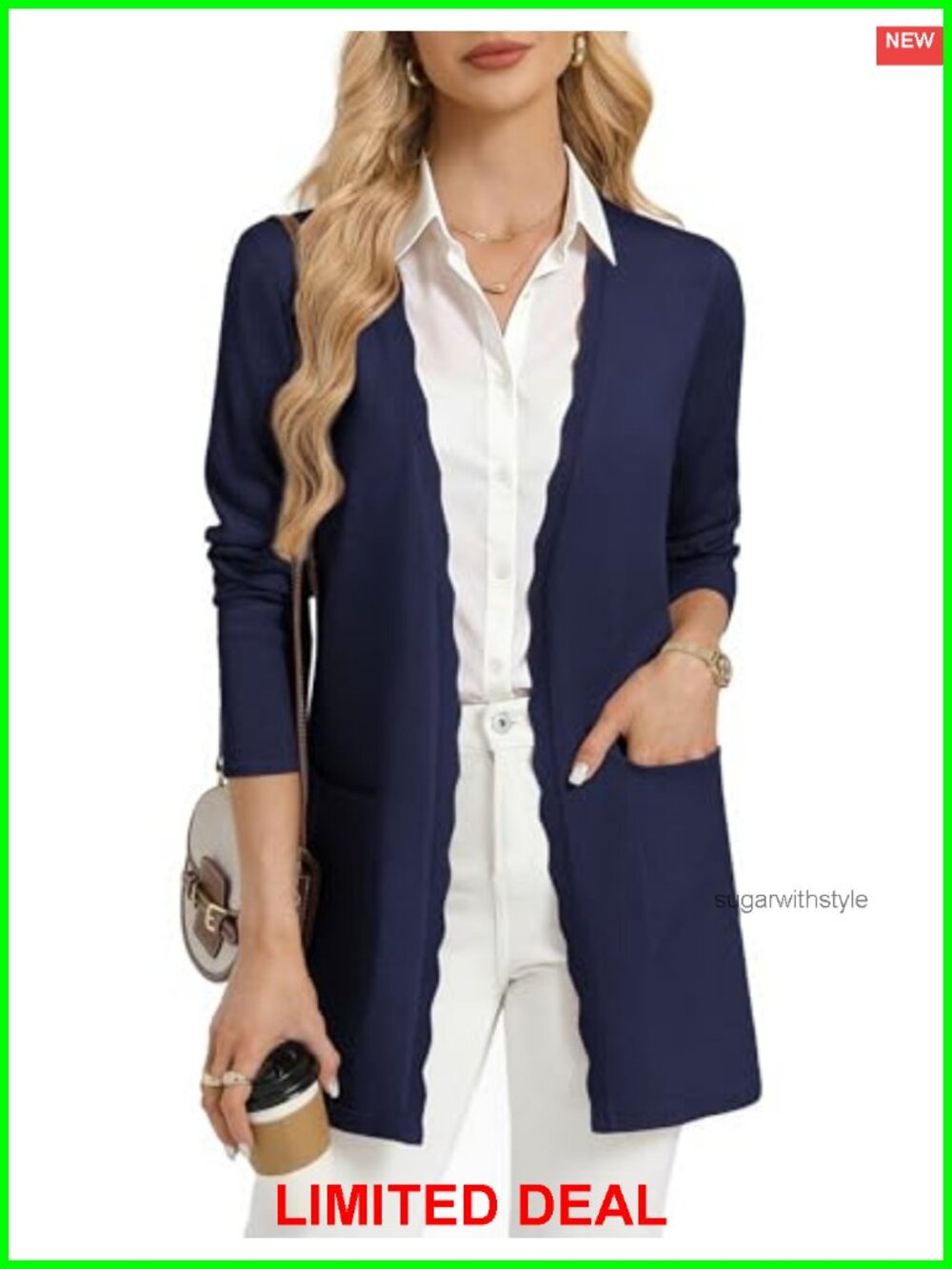 Long Open Front Cardigan Sweater with Pockets Scalloped Placket Business Casual